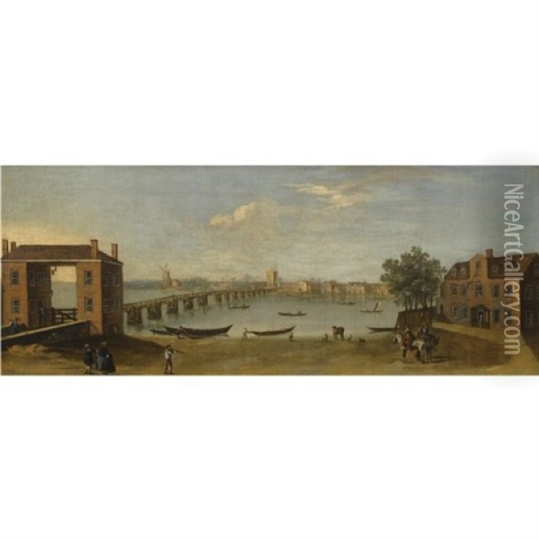 View Of The Thames At Putney Bridge (from The Fulham Bank, With The Swan Inn) Oil Painting - John Inigo Richards