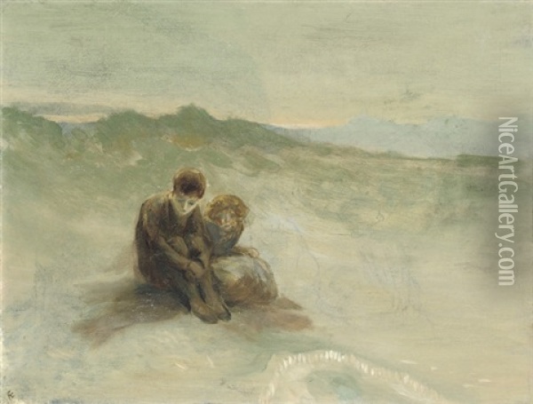 Children On A Beach Oil Painting - George Russell