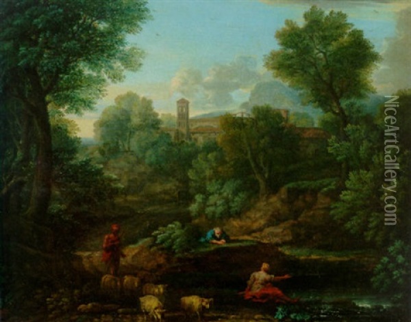 A Landscape With A Shepherd And Sheep At A Stream, A Village Beyond Oil Painting - Jan Frans van Bloemen