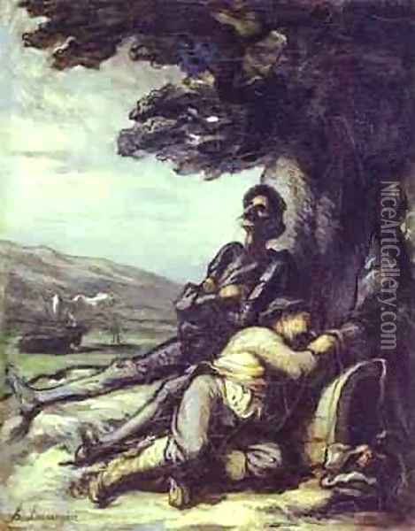 Don Quixote And Sancho Pansa Having A Rest Under A Tree 1855 Oil Painting - Honore Daumier