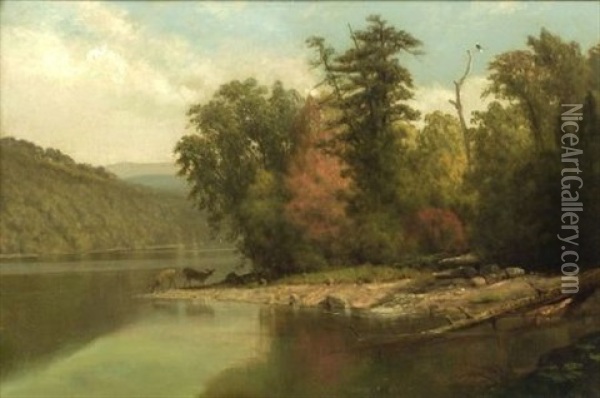 Hudson River Landscape Oil Painting - Junius Brutus Stearns