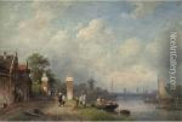 Figures At The Edge Of A Dutch Canal Oil Painting - Charles Henri Leickert