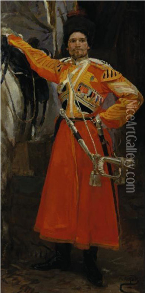 Cossack Imperial Guard Bugler Oil Painting - Petr Ivanovich L'Vov