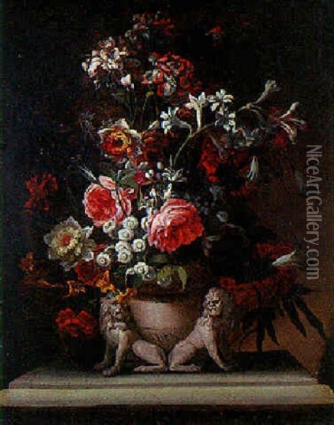 Composition Florale Dans Un Vase A Decor De Lions Presentee Sur Un Entablement Oil Painting - Nicolas Ricoeur
