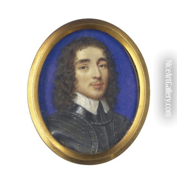Portrait Of A Nobleman With Long Brown Hair, Wearing Full Armour And A White Collar, A Blue Background Oil Painting - John Hoskins the Elder