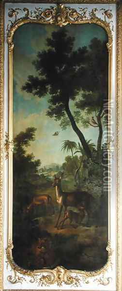 A Roe Deer a Doe and a Fawn with a Fox Eating a Pheasant panel from the bedroom of Louis Henri I 1692-1740 Prince de Conde Oil Painting - Christophe Huet