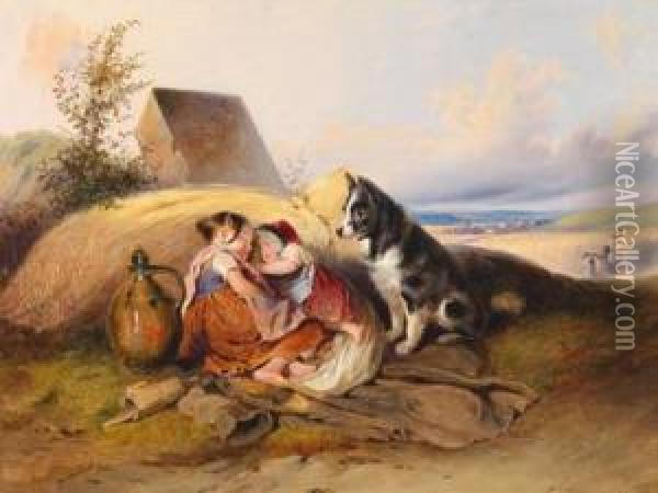 Die Von Einem Hund Bewachtemittagsrast Zweier Kinder Auf Dem Feld Oil Painting - Johann Matthias Ranftl