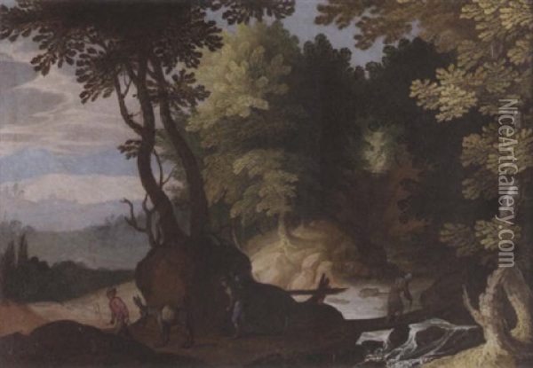 A Wooded River Landscape With Travellers On A Path Beside A Mountain Stream In The Foreground Oil Painting - Paul Bril