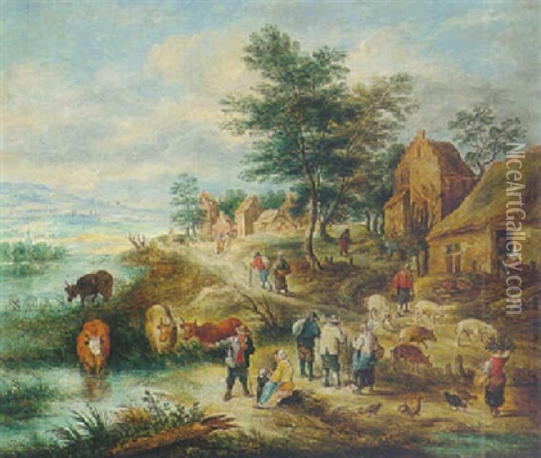 A River Landscape With Country Folk, Cattle And Pigs Along The River Bank Oil Painting - Theobald Michau