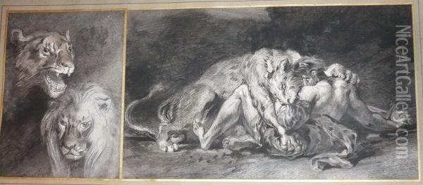 Homme Devore Par Un Lion Et Etude De Tetes De Lion. Oil Painting - Eugene Delacroix