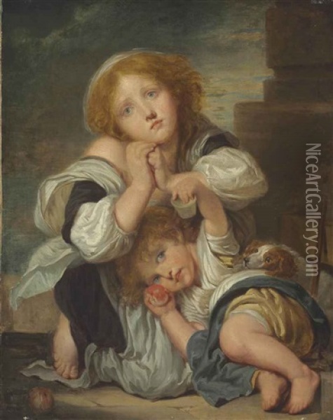 Two Children And A Dog Oil Painting - Jean Baptiste Greuze
