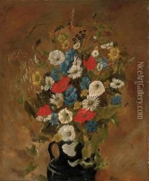 Poppies, Cornflowers, Daisies, Buttercups And Other Summer Blooms And Grasses In A Jug Oil Painting - Anthonie, Anthonore Christensen
