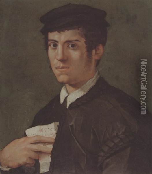 Portrait Of A Man Wearing A Black Cap And Doublet, Holding A Sheet Of Music Oil Painting - (Jacone) Jacopo di Giovanni di Francesco