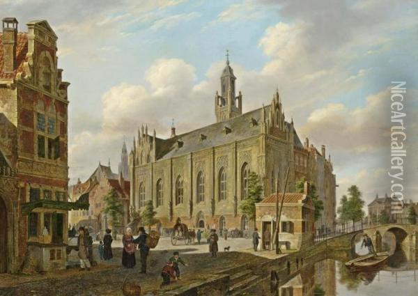 Town With Figures On A Canal Oil Painting - Bartholomeus J. Van Hove