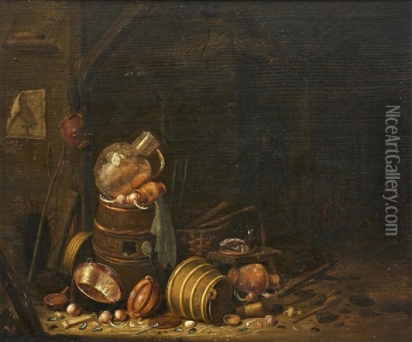 Kitchen Interior With Barrels Oil Painting - Dirck Wyntrack