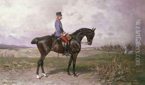 Emperor Franz Joseph I on his Austrian horse, 1898 Oil Painting - Julius von Blaas