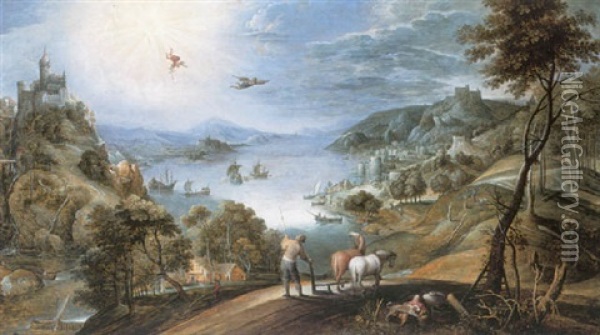 An Extensive Landscape With The Fall Of Icarus Oil Painting - Marten Ryckaert