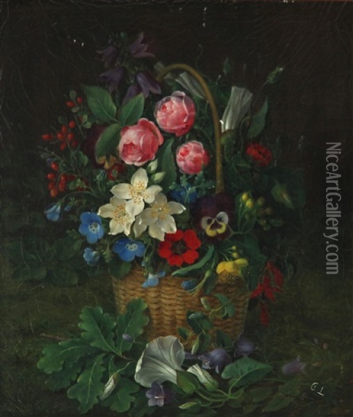 Still Life With Colorful Flowers In A Basket Oil Painting - Christine Marie Lovmand