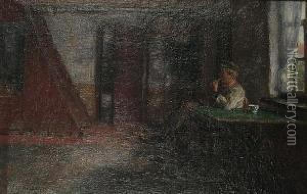 A Young Man Seated In An Interior Smoking A Pipe Oil Painting - Edgard Farasyn