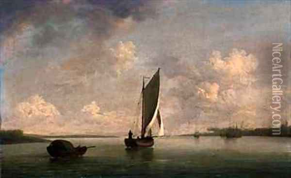 A Smack Under Sail in a Light Breeze in a River Oil Painting - Charles Brooking