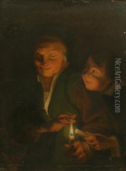 Gentleman And Child By Candle Light Oil Painting - Godfried Schalcken