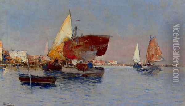 Fishing Vessels In The Venetian Lagoon Oil Painting - Cesar Maria Herrer Marcher