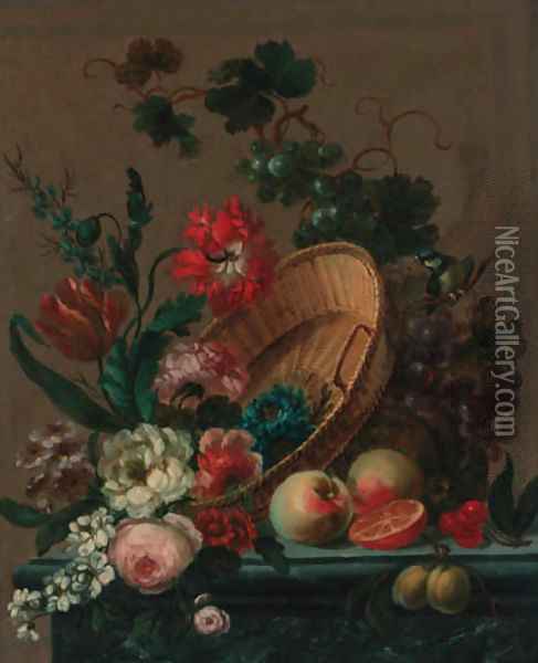 Parrot tulips, roses, a carnation, convulvulus, an iris and other flowers Oil Painting - Nicolaes van Veerendael