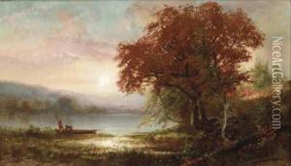 Sunrise Over A Lake With Figures And A Boat On Shore Oil Painting - Frederick Rondel Sr.