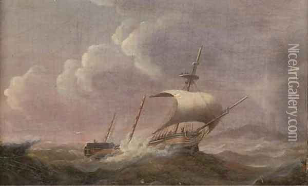 A dismasted merchantman under jury rig off the coast Oil Painting - Francis Sartorius