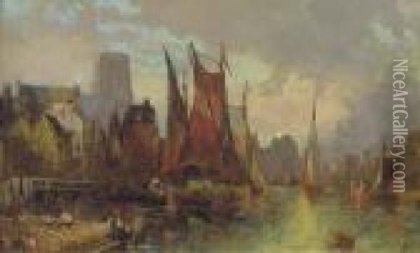 Hay Barges In A Continental Port At Dusk Oil Painting - Alfred Montague