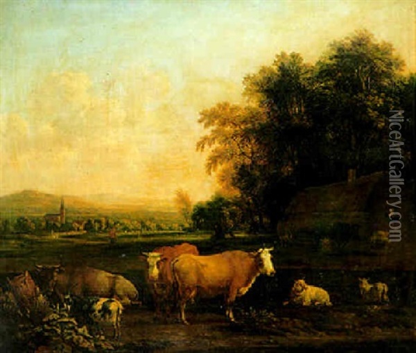 Cattle And A Milkmaid Near Farm Buildings Oil Painting - Dirk van Bergen
