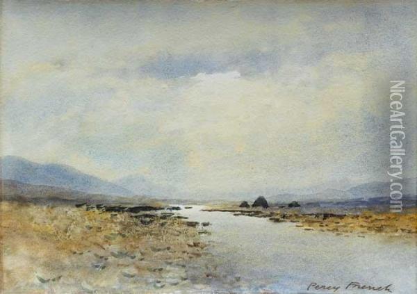 A Bogland River With Turf Stacks In Distance Oil Painting - William Percy French