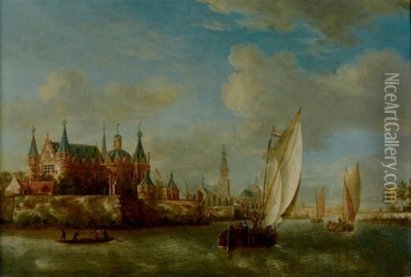 Paysage De Riviere Avec Un Chateau Sur La Gauche Et Des Navires Hollandais Quittant Le Port Oil Painting - Jacobus Storck