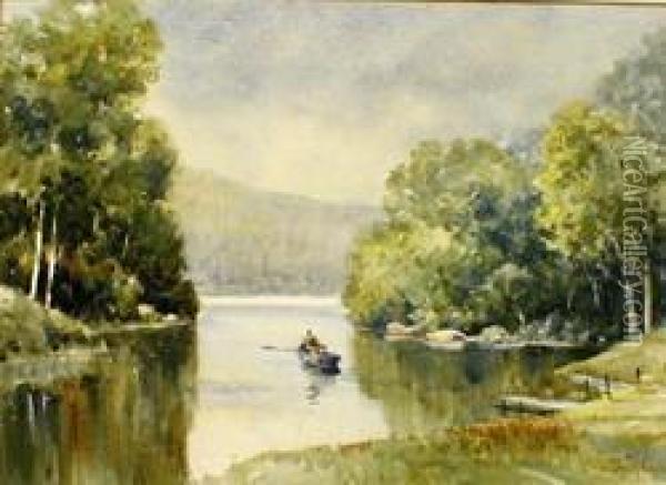 An Oarsman Rowing From The Jetty Oil Painting - Thomas Pollock Anschutz