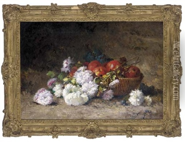 Grapes And Apples In A Wicker Basket, With Chrysanthemums To The Side Oil Painting - Euphemie Muraton