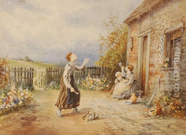 Children Blowing Bubbles Outside A Cottage Oil Painting - Myles Birket Foster