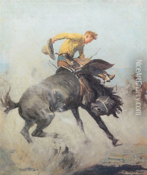 Bucking Bronco Oil Painting - William Henry Dethlef Koerner