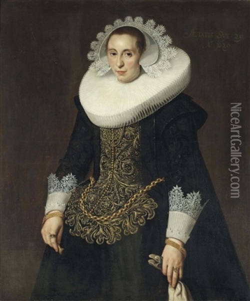 Portrait Of A Lady, Three-quarter-length, In A Golden Embroidered Dress With A White Lace Collar And A White Lace Cap, With Two Golden Bracelets And Rings Oil Painting - Nicolaes Eliasz Pickenoy