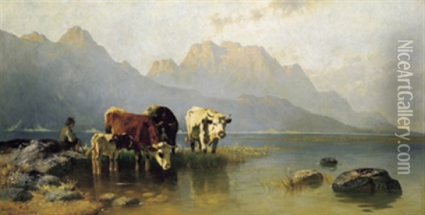 Kuhe Mit Hirten Am Seeufer Oil Painting - Christian Friedrich Mali