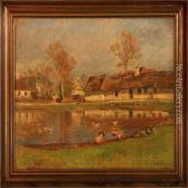 At The Village Pond Oil Painting - Olaf Viggo Peter Langer