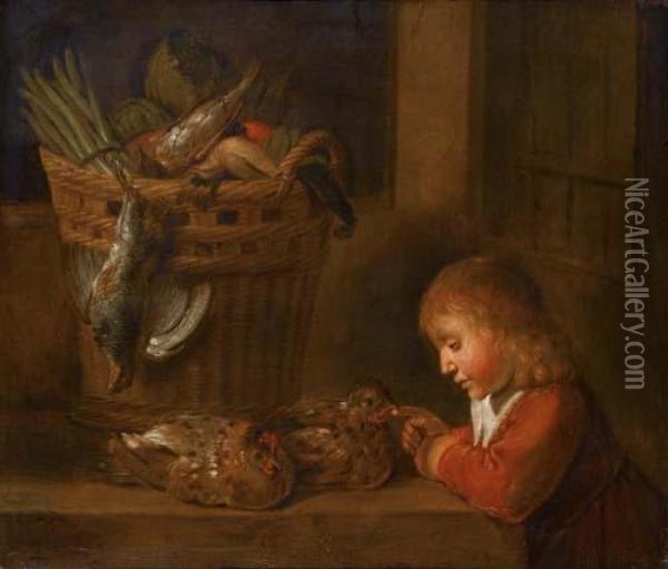 Boy Near A Basket Of Asparaguses And Vegetables. 1648. Oil Painting - Matheus Bloem