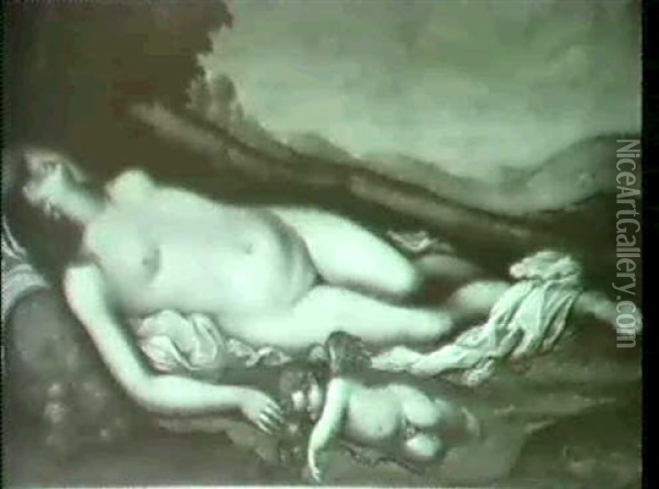 Venus Und Cupido Ruhend In Einer Landschaft. Oil Painting - Johann Jacob Soentgens