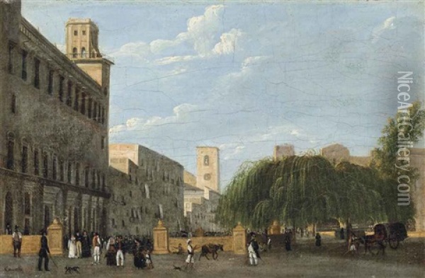 Fgures In An Italian Square Oil Painting - Giuseppe Canella I
