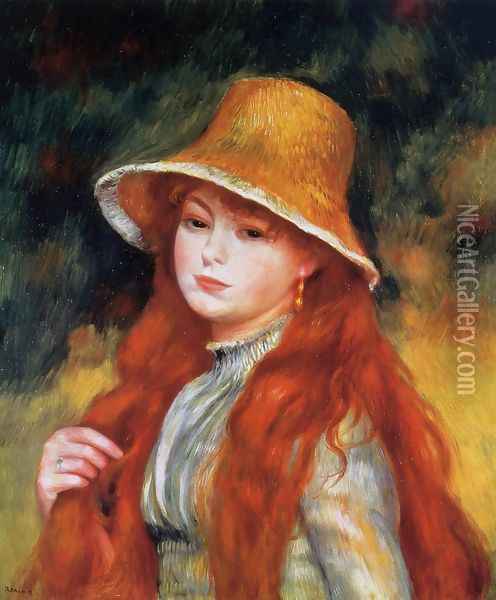 Young Girl In A Straw Hat Oil Painting - Pierre Auguste Renoir