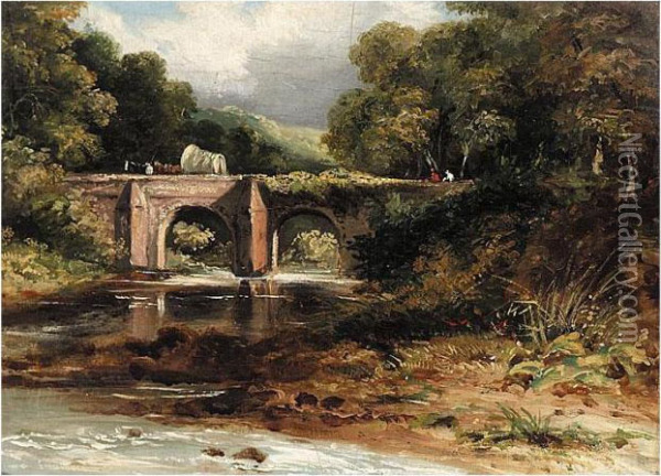 River Landscape With A Farmcart Crossing A Bridge Oil Painting - Frederick Waters Watts