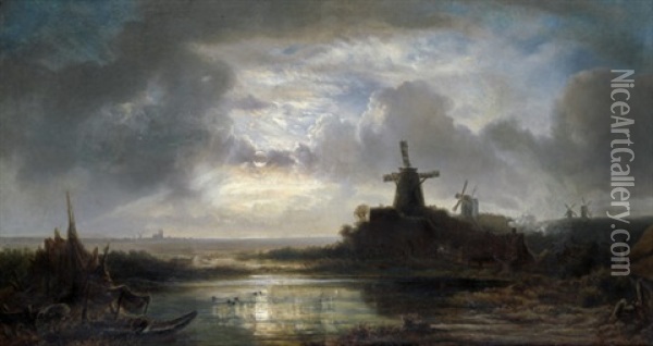 Hollandische Flusslandschaft Im Mondschein Oil Painting - Remigius Adrianus van Haanen