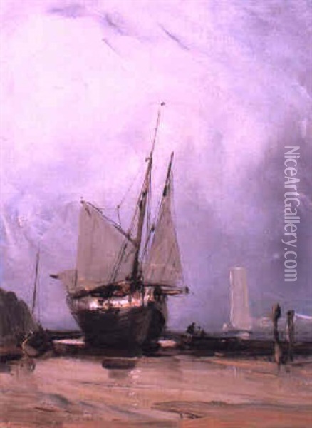 A Beached Sailing Vessel Oil Painting - Louis-Gabriel-Eugene Isabey