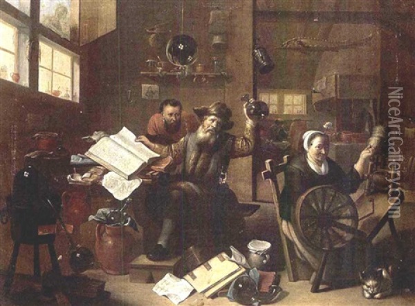 An Interior Scene With An Alchemist And His Assistant, Together With A Woman Behind A Spinning Wheel And A Cat Oil Painting - Matheus van Helmont