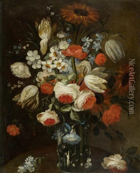 Blumenstillleben Mit Tulpen Und Pfingstrosen In Einer Glasvase Oil Painting - Scipione Angelini