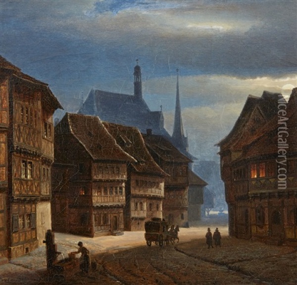 Wernigerode Marketplace By Night Oil Painting - Georg Heinrich Crola